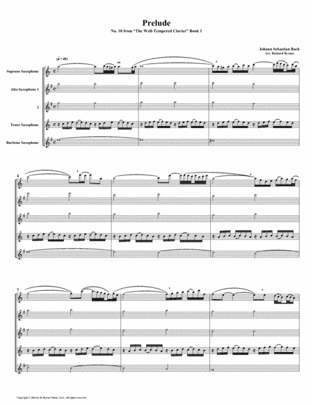 Free Sheet Music Prelude 10 From Well Tempered Clavier Book 1 Saxophone Quintet