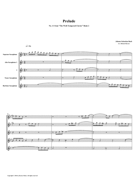 Free Sheet Music Prelude 11 From Well Tempered Clavier Book 2 Saxophone Quintet