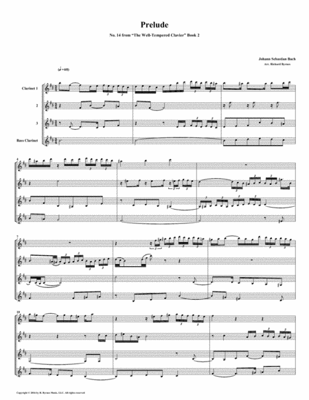 Prelude 14 From Well Tempered Clavier Book 2 Clarinet Quartet Sheet Music