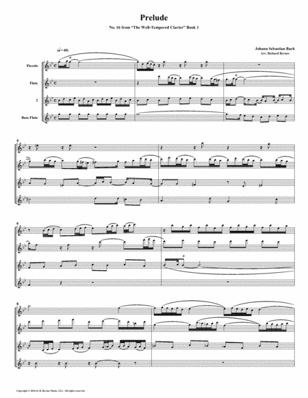 Prelude 16 From Well Tempered Clavier Book 1 Flute Quartet Sheet Music