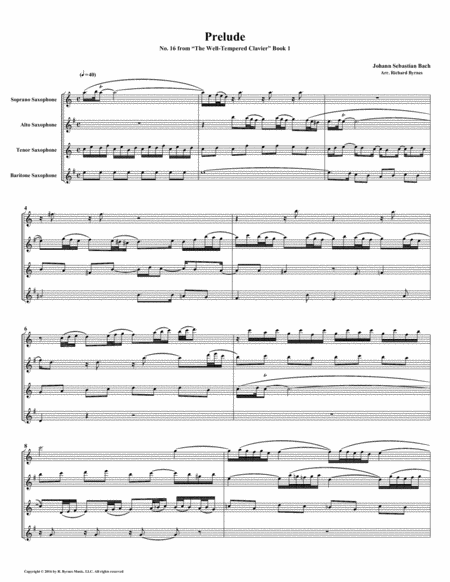 Prelude 16 From Well Tempered Clavier Book 1 Saxophone Quartet Sheet Music