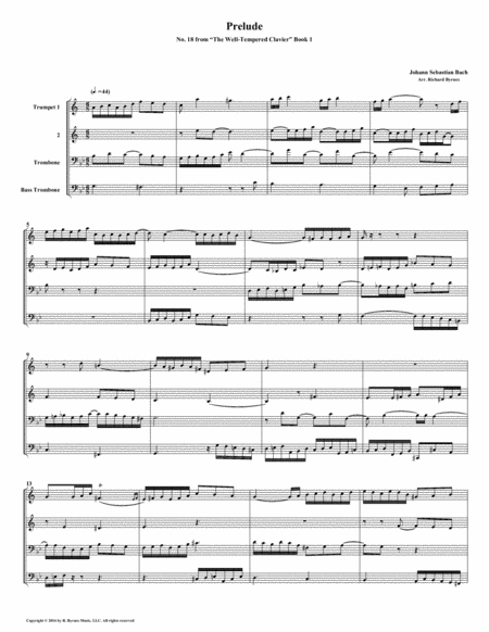 Prelude 18 From Well Tempered Clavier Book 1 Brass Quartet Sheet Music