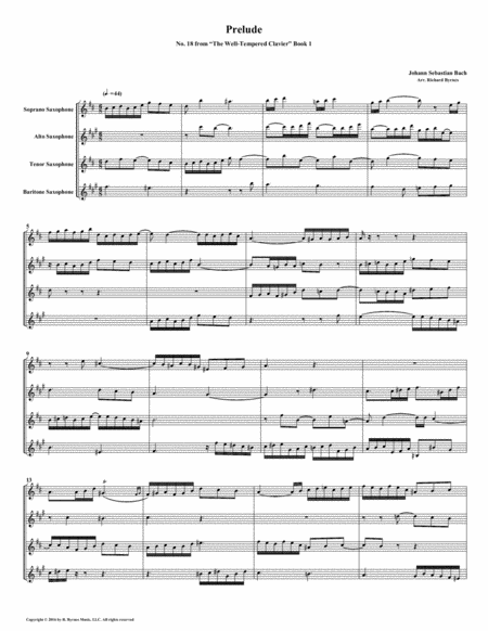 Free Sheet Music Prelude 18 From Well Tempered Clavier Book 1 Saxophone Quartet