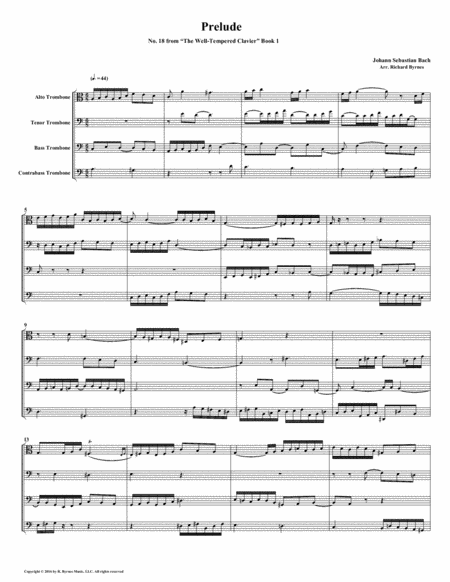 Prelude 18 From Well Tempered Clavier Book 1 Trombone Quartet Sheet Music