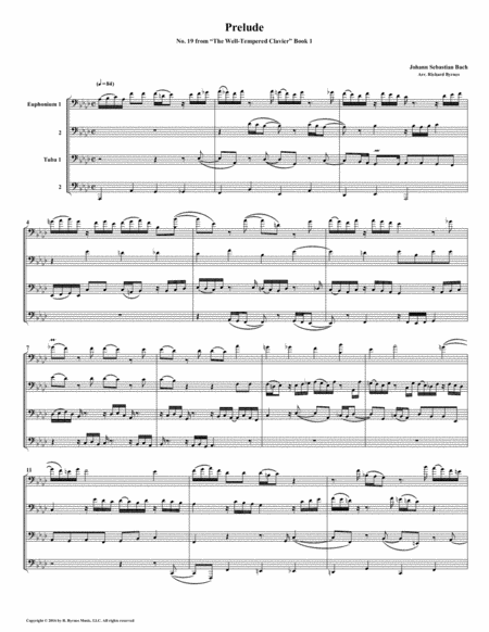 Prelude 19 From Well Tempered Clavier Book 1 Euphonium Tuba Quartet Sheet Music