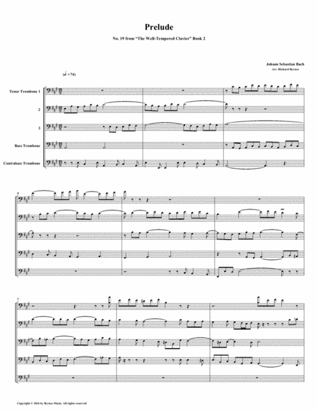 Free Sheet Music Prelude 19 From Well Tempered Clavier Book 2 Trombone Quintet