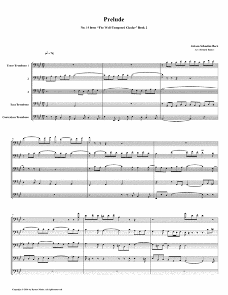 Prelude 19 From Well Tempered Clavier Book 2 Trombone Quintet Sheet Music