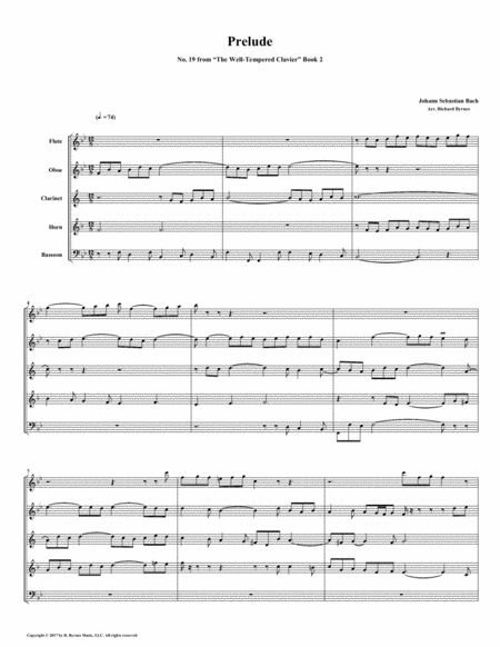 Prelude 19 From Well Tempered Clavier Book 2 Woodwind Quintet Sheet Music