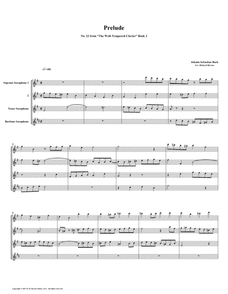 Prelude 22 From Well Tempered Clavier Book 2 Saxophone Quartet Sheet Music