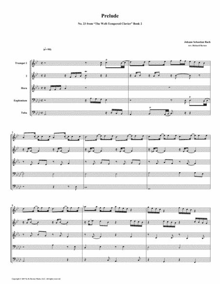 Prelude 23 From Well Tempered Clavier Book 2 Brass Quintet Sheet Music