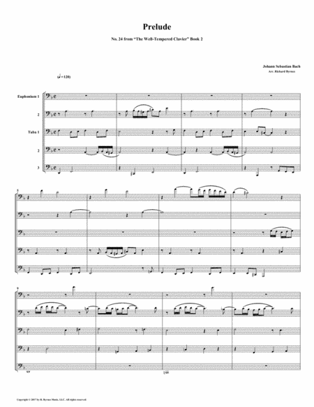 Prelude 24 From Well Tempered Clavier Book 2 Euphonium Tuba Quintet Sheet Music