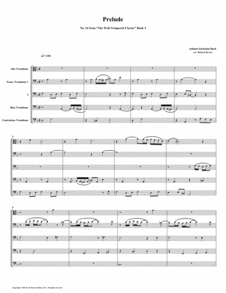 Prelude 24 From Well Tempered Clavier Book 2 Trombone Quintet Sheet Music