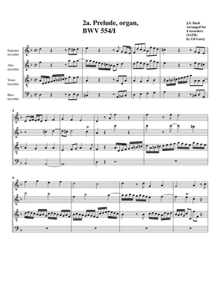 Prelude And Fugue Bwv 554 Arrangement For 4 Recorders Sheet Music