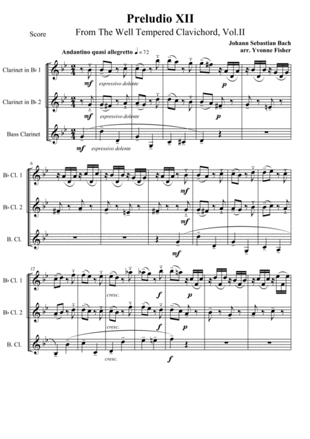 Prelude And Fugue Xii For Clarinet Trio Sheet Music