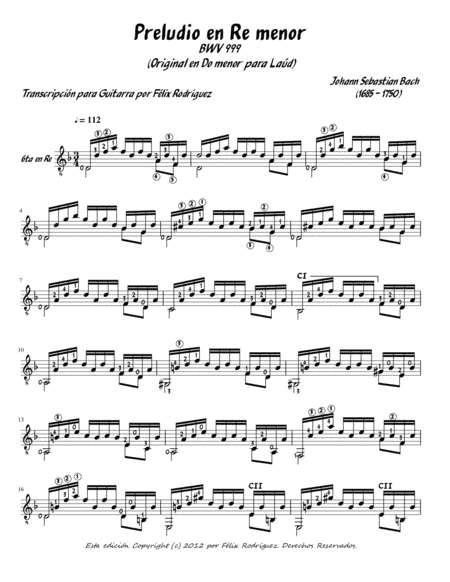 Free Sheet Music Prelude For Lute Bwv 999