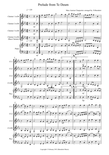 Prelude From Te Deum For Clarinet Quartet Sheet Music