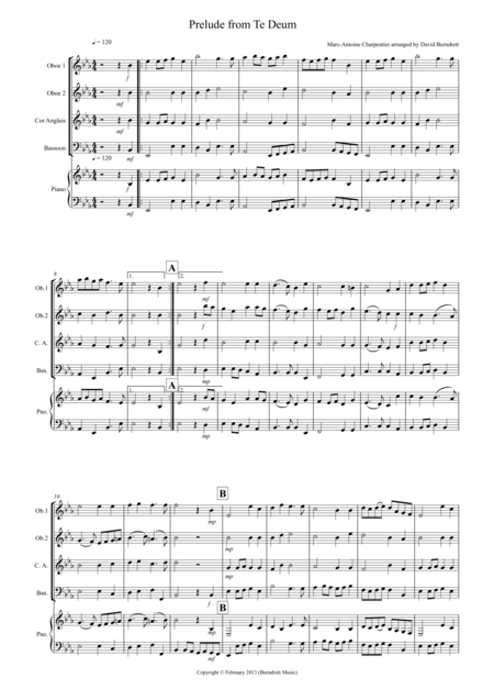 Prelude From Te Deum For Double Reed Quartet Sheet Music