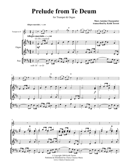 Prelude From Te Deum For Trumpet Organ Sheet Music