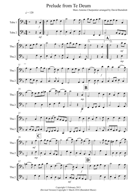 Prelude From Te Deum For Tuba Duet Sheet Music