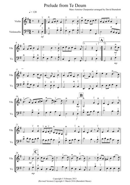 Free Sheet Music Prelude From Te Deum For Violin And Cello