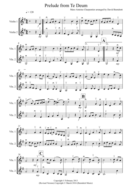 Prelude From Te Deum For Violin Duet Sheet Music