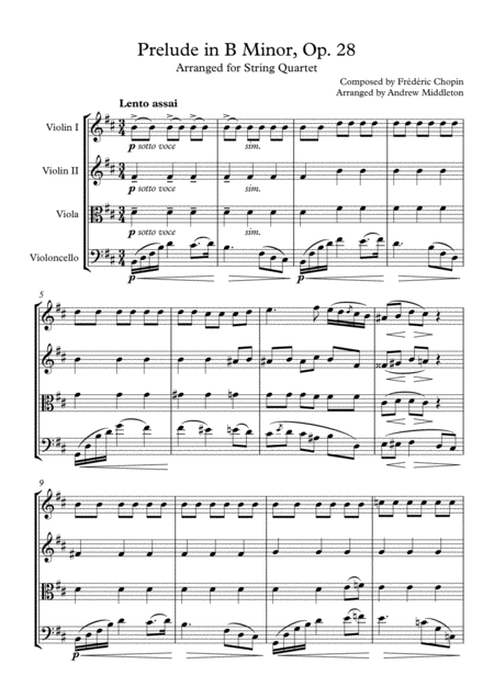 Prelude In B Minor Op 28 Arranged For String Quartet Sheet Music