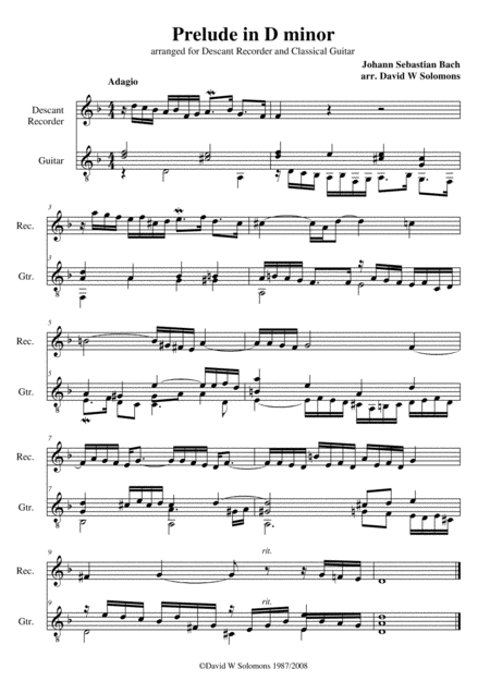 Free Sheet Music Prelude In D Minor For Soprano Recorder And Guitar