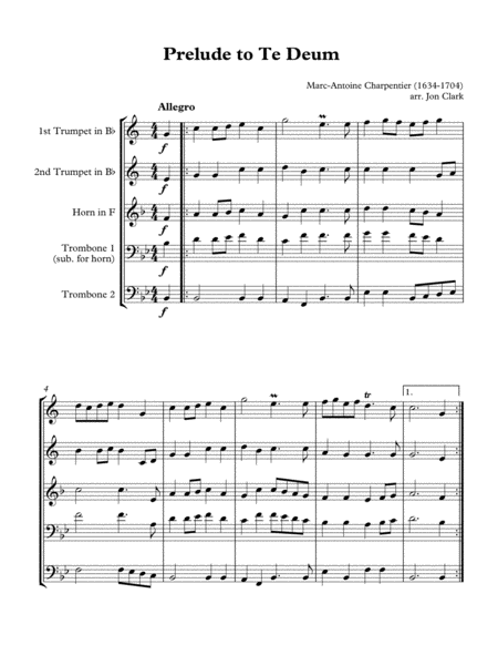 Prelude To Te Deum Marc Antoine Charpentier 1634 1704 Arr Jon Clark Sheet Music