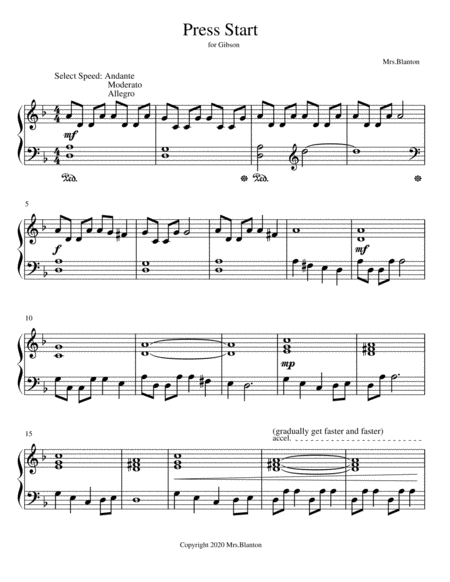 Free Sheet Music Press Start Easy Piano Solo For The Gaming Fan
