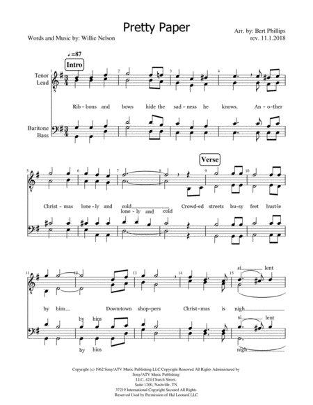 Free Sheet Music Pretty Paper Ttbb Barbershop