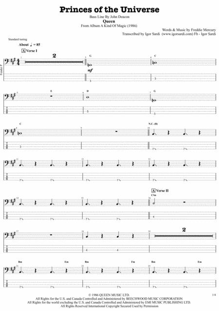 Princes Of The Universe Queen John Deacon Complete And Accurate Bass Transcription Whit Tab Sheet Music