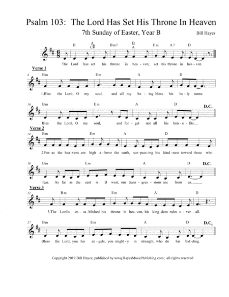 Psalm 103 The Lord Has Set His Throne In Heaven 7th Sunday Of Easter Year B Sheet Music