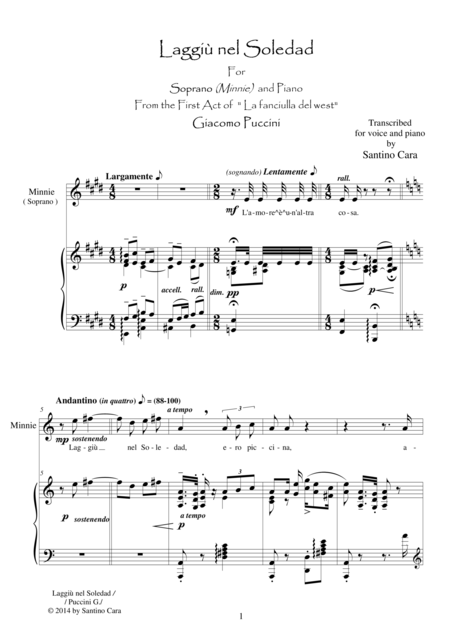 Puccini La F Del W Act1 Laggi Nel Soledad Soprano And Piano Sheet Music