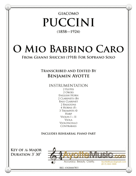 Free Sheet Music Puccini O Mio Babbino Caro Aria For Soprano Full Score And Parts With Rehearsal Piano