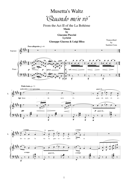 Puccini Quando Me N V Musettas Waltz La Bohme Act 2 Soprano And Piano Sheet Music