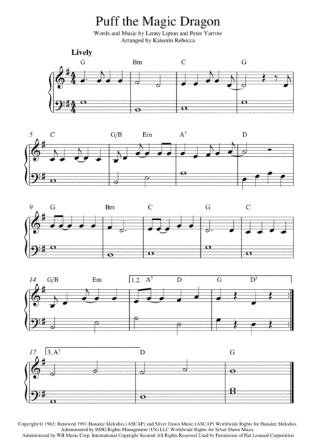 Free Sheet Music Puff The Magic Dragon Easy Piano Solo With Chords