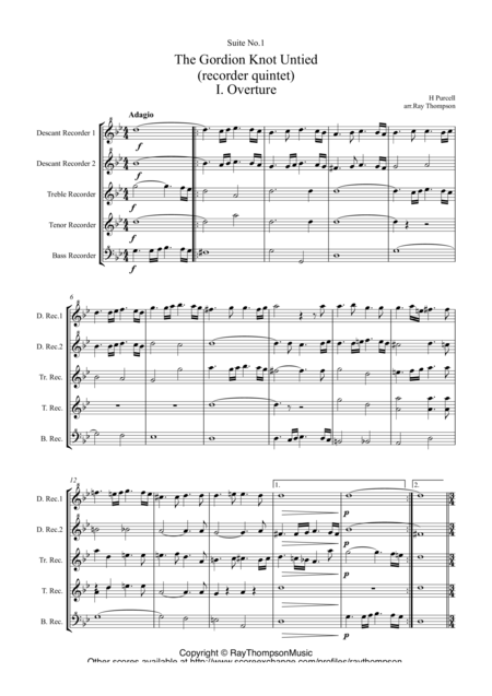 Purcell The Gordion Knot Untied Suite No 1 Recorder Quintet Sheet Music