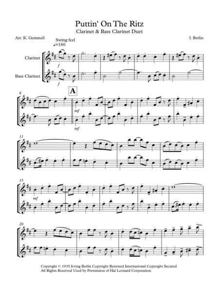 Puttin On The Ritz Clarinet Bass Clarinet Duet Sheet Music