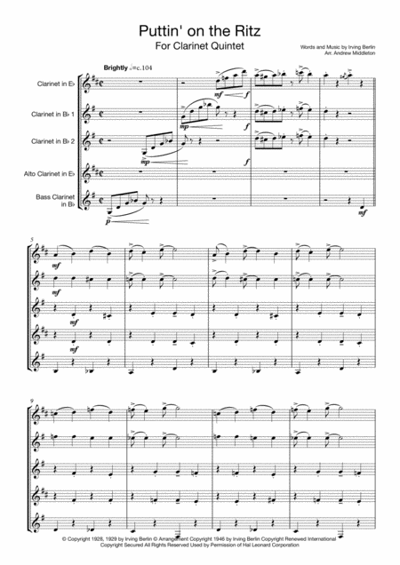Free Sheet Music Puttin On The Ritz For Clarinet Quintet