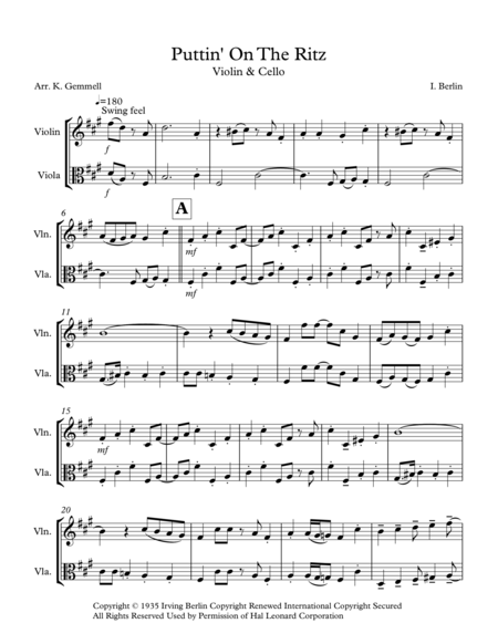 Puttin On The Ritz Violin Viola Duet Sheet Music