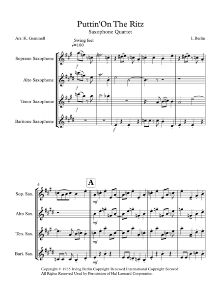 Putting On The Ritz Saxophone Quartet Sheet Music