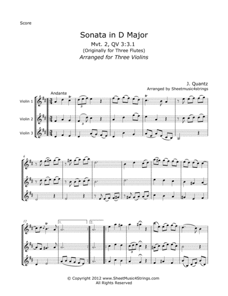 Free Sheet Music Quantz J Sonata In D Mvt 2 For Three Violins