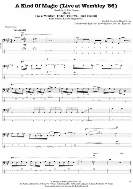 Queen A Kind Of Magic Live At Wembley 86 Bass Transcription Sheet Music