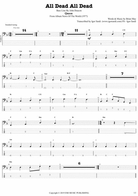 Queen All Dead All Dead Bass Transcription Sheet Music