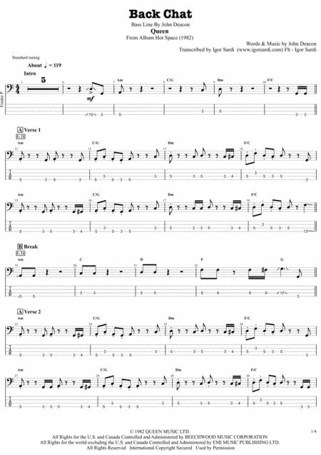 Free Sheet Music Queen Back Chat Accurate Bass Transcription Whit Tab