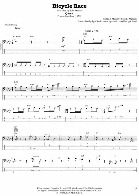 Queen Bicycle Race Bass Transcription Sheet Music