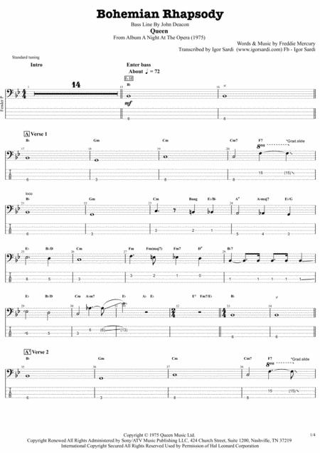 Queen Bohemian Rhapsody Accurate Bass Transcription Whit Tab Sheet Music