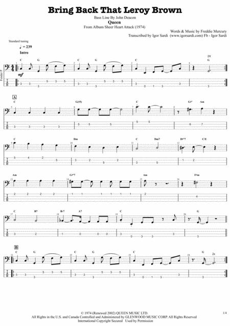 Free Sheet Music Queen Bring Back That Leroy Brown Accurate Bass Transcription Whit Tab