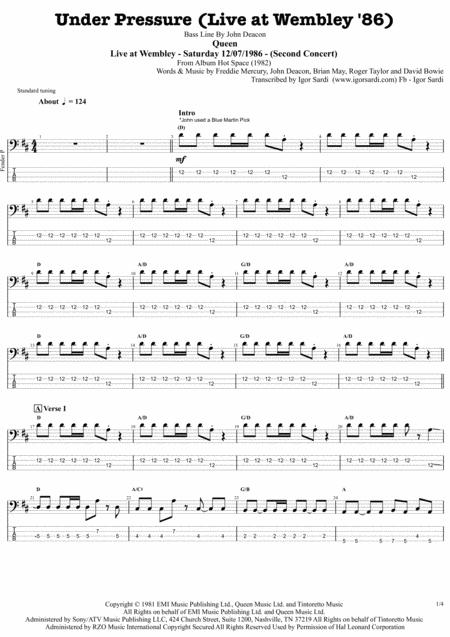 Free Sheet Music Queen David Bowie Under Pressure Live At Wembley 86 Complete And Accurate Bass Transcription Whit Tab