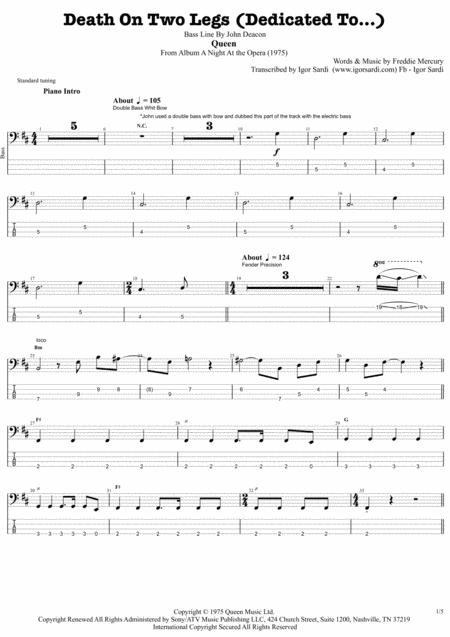 Queen Death On Two Legs Accurate Bass Transcription Whit Tab Sheet Music